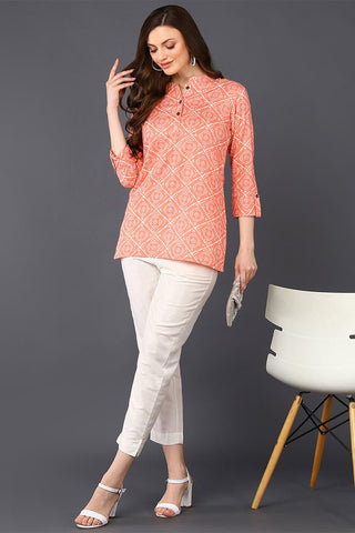 Ahika Peach Cotton Blend Bandhani Printed Straight Tunic - Distacart