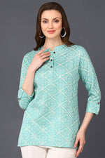 Thumbnail for Ahika Mint Green Cotton Blend Bandhani Printed Straight Tunic - Distacart