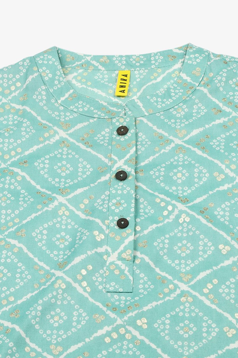 Ahika Mint Green Cotton Blend Bandhani Printed Straight Tunic - Distacart