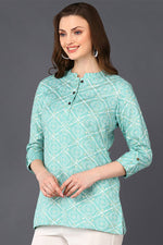 Thumbnail for Ahika Mint Green Cotton Blend Bandhani Printed Straight Tunic - Distacart
