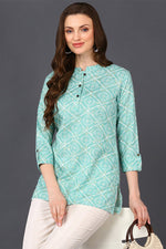 Thumbnail for Ahika Mint Green Cotton Blend Bandhani Printed Straight Tunic - Distacart