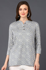 Thumbnail for Ahika Grey Cotton Blend Bandhani Printed Straight Tunic - Distacart