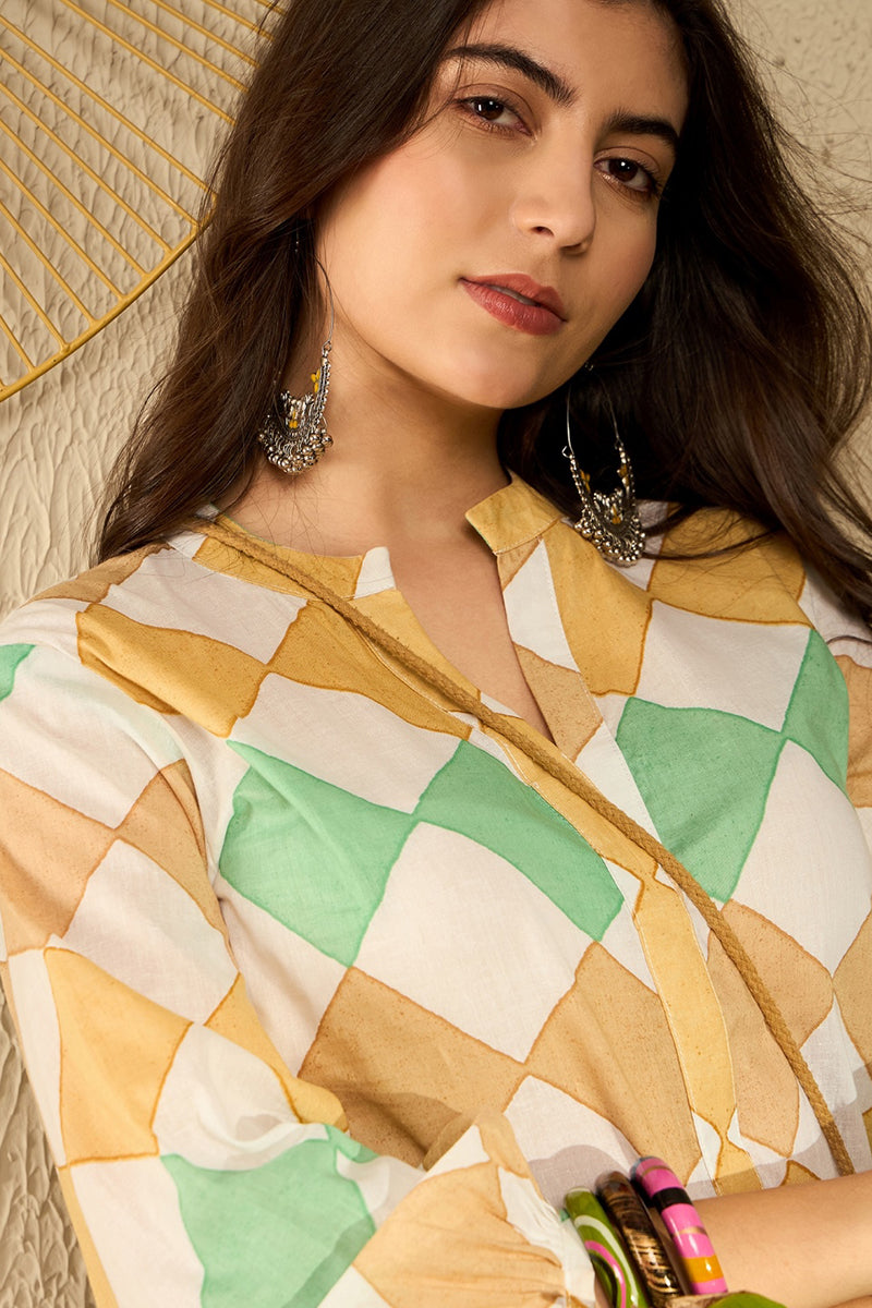 Ahika White Cotton Blend Geometric Printed Regular Tunic