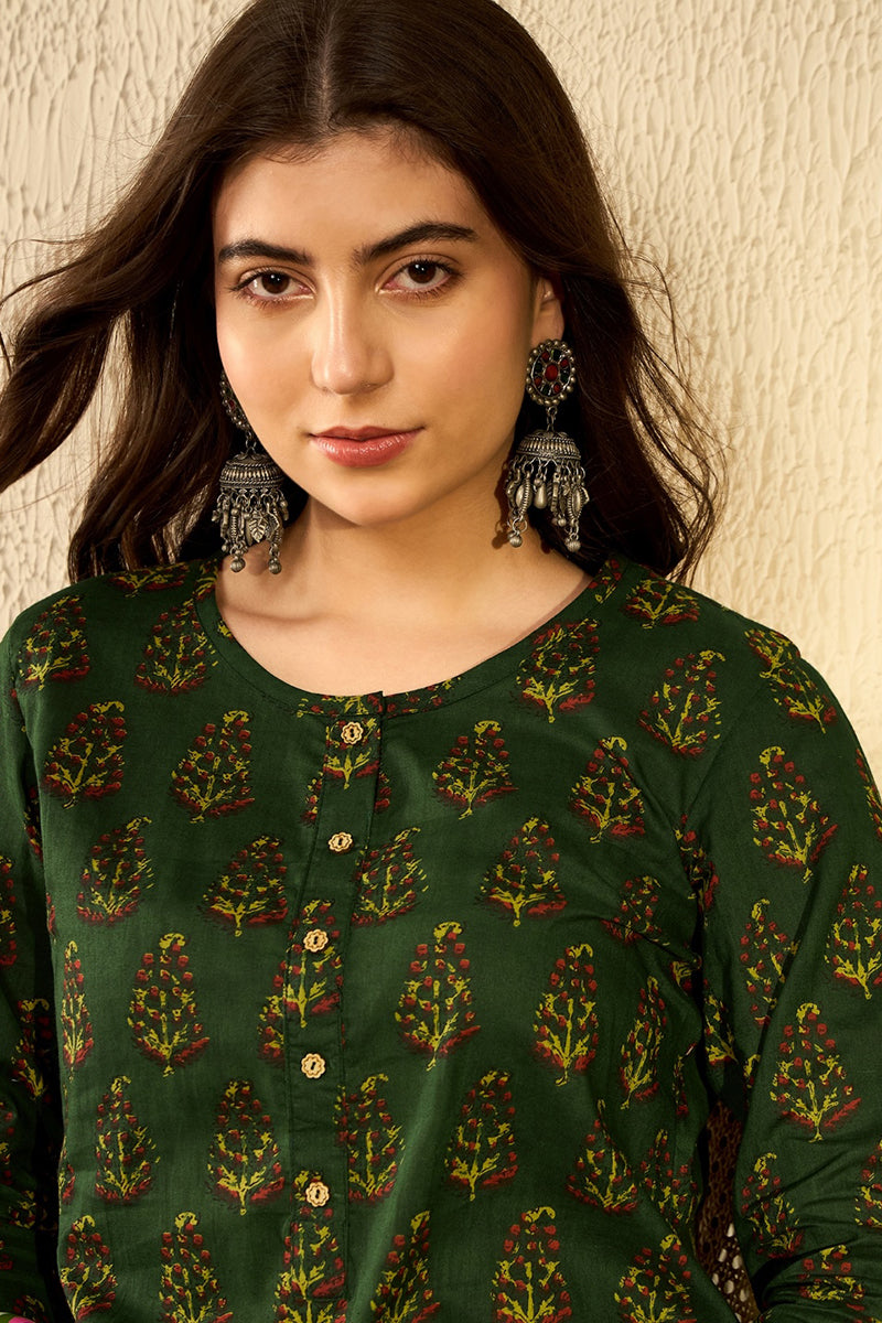 Ahika Green Cotton Blend Ethnic Motifs Printed Regular Tunic