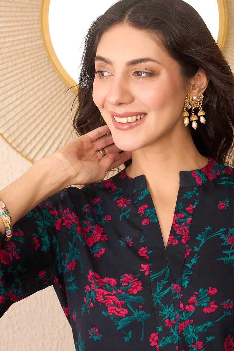 Ahika Navy Blue Cotton Blend Floral Printed Regular Top