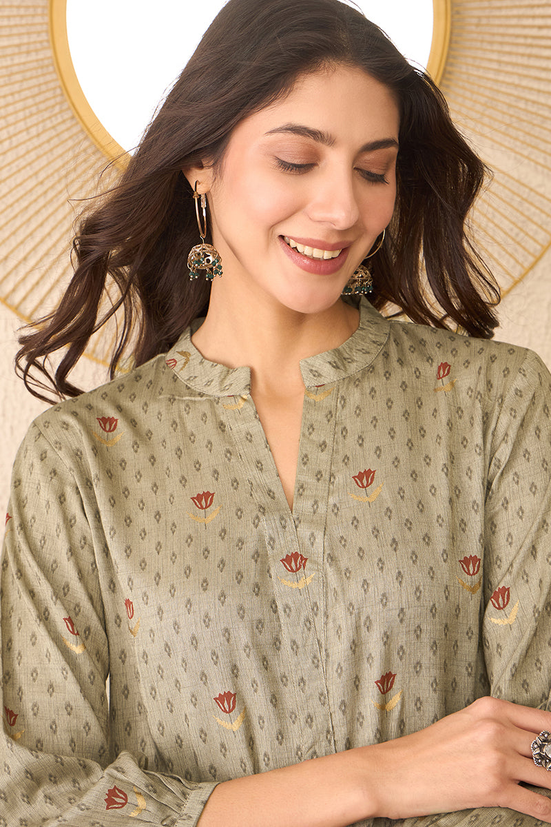 Vivaanta Fashion Grey Cotton Blend Floral Printed Regular Top - Dista