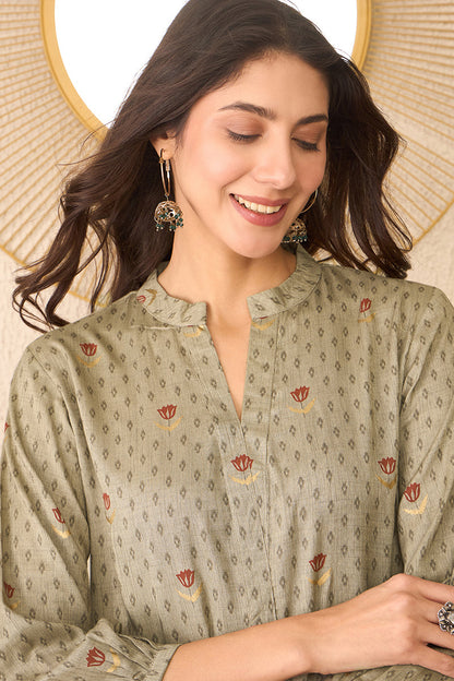 Vivaanta Fashion Grey Cotton Blend Floral Printed Regular Top - Dista