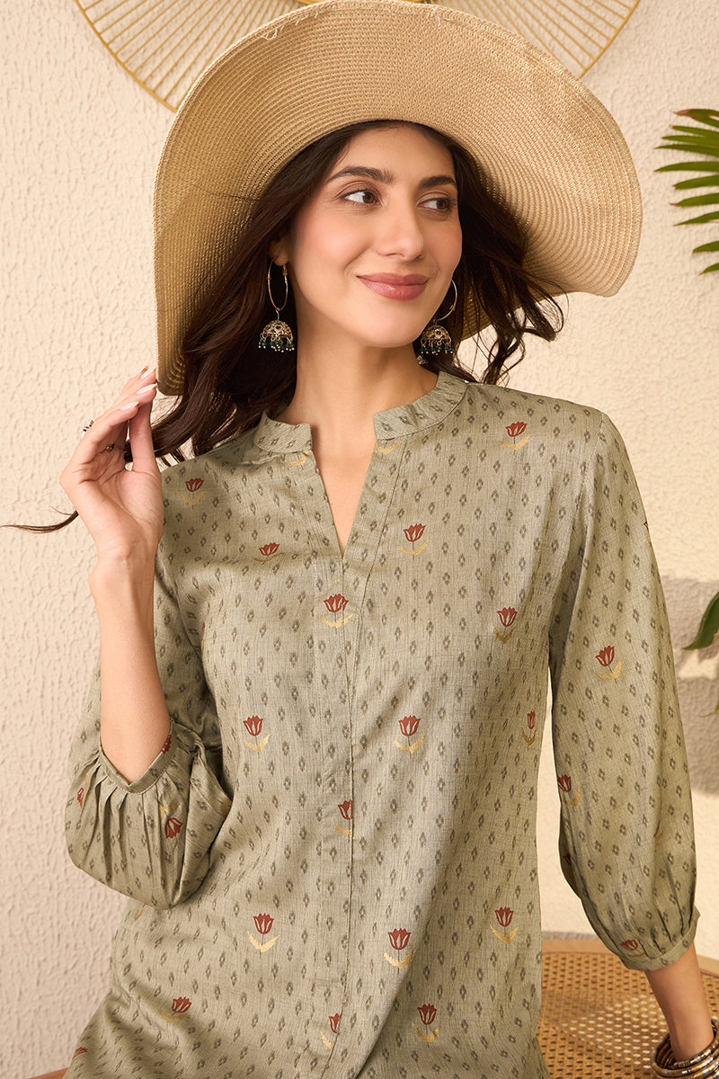 Vivaanta Fashion Grey Cotton Blend Floral Printed Regular Top - Dista