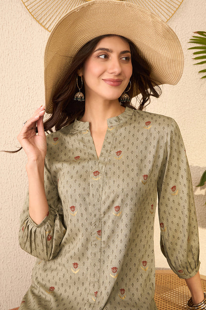 Vivaanta Fashion Grey Cotton Blend Floral Printed Regular Top - Dista