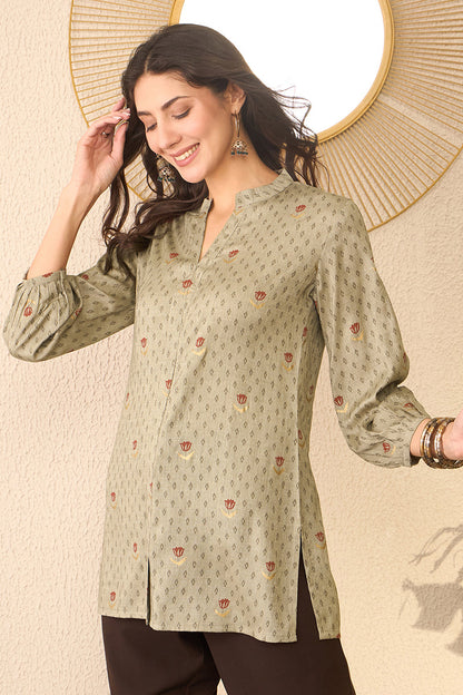 Vivaanta Fashion Grey Cotton Blend Floral Printed Regular Top - Dista
