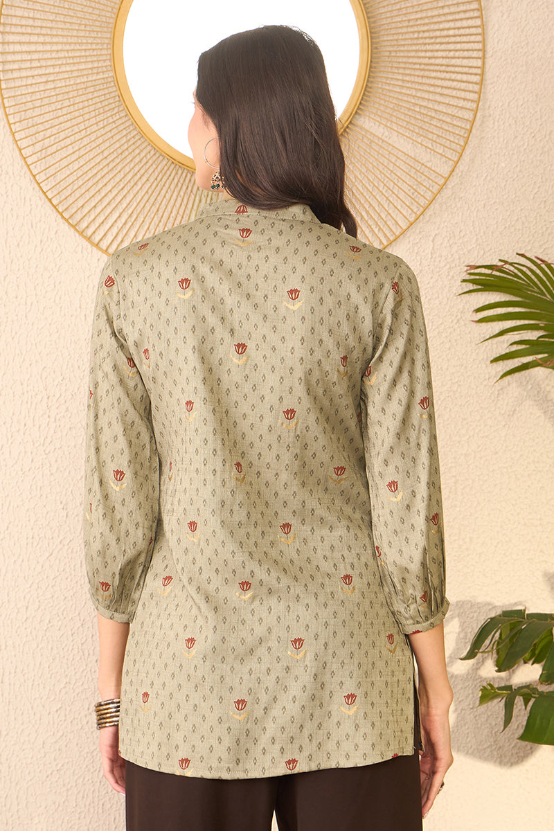 Vivaanta Fashion Grey Cotton Blend Floral Printed Regular Top - Dista