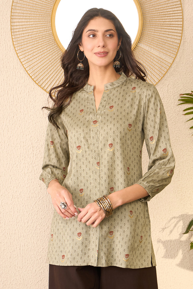Vivaanta Fashion Grey Cotton Blend Floral Printed Regular Top - Dista