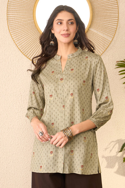 Vivaanta Fashion Grey Cotton Blend Floral Printed Regular Top - Dista
