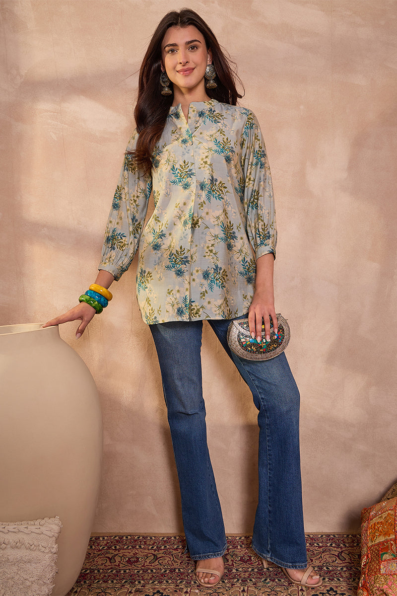 Ahika Grey Silk Blend Floral Printed Top