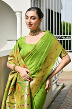 Thumbnail for Vishnu Weaves Women's Mahendi Paithani Silk Zari Woven Saree with Blouse