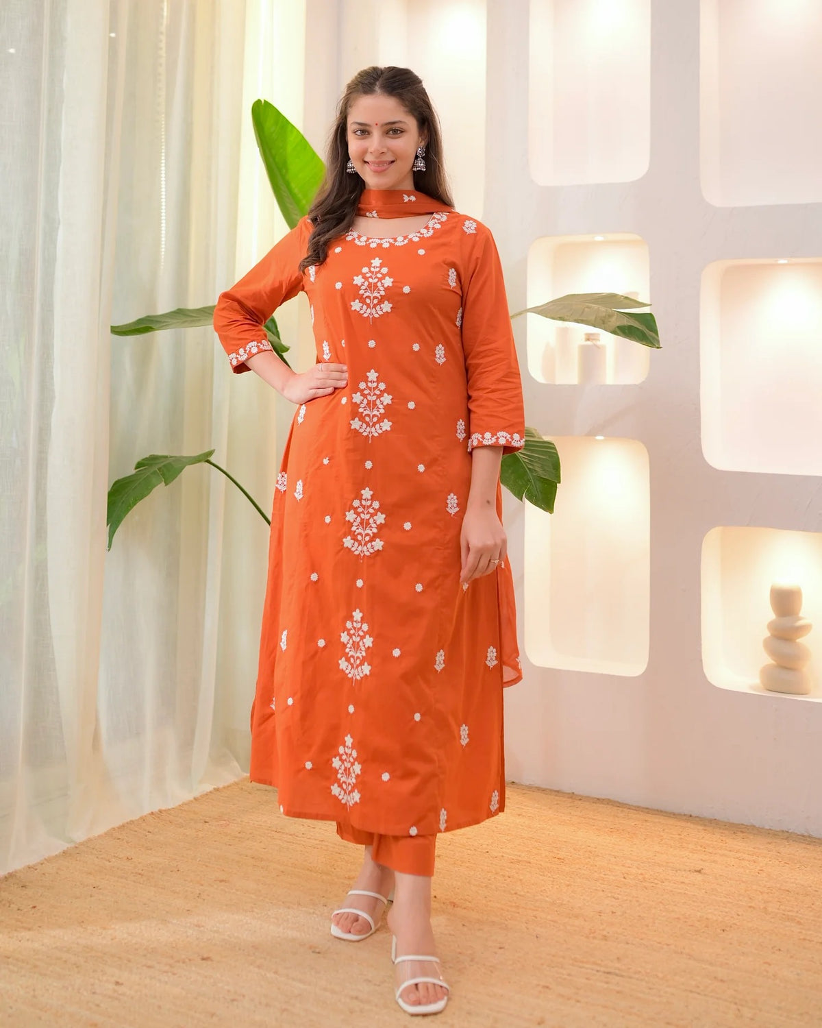 Dwija Fashion A-Line Kurti Rayon Silk Embroidered Orange Kurti With Pant And Dupatta