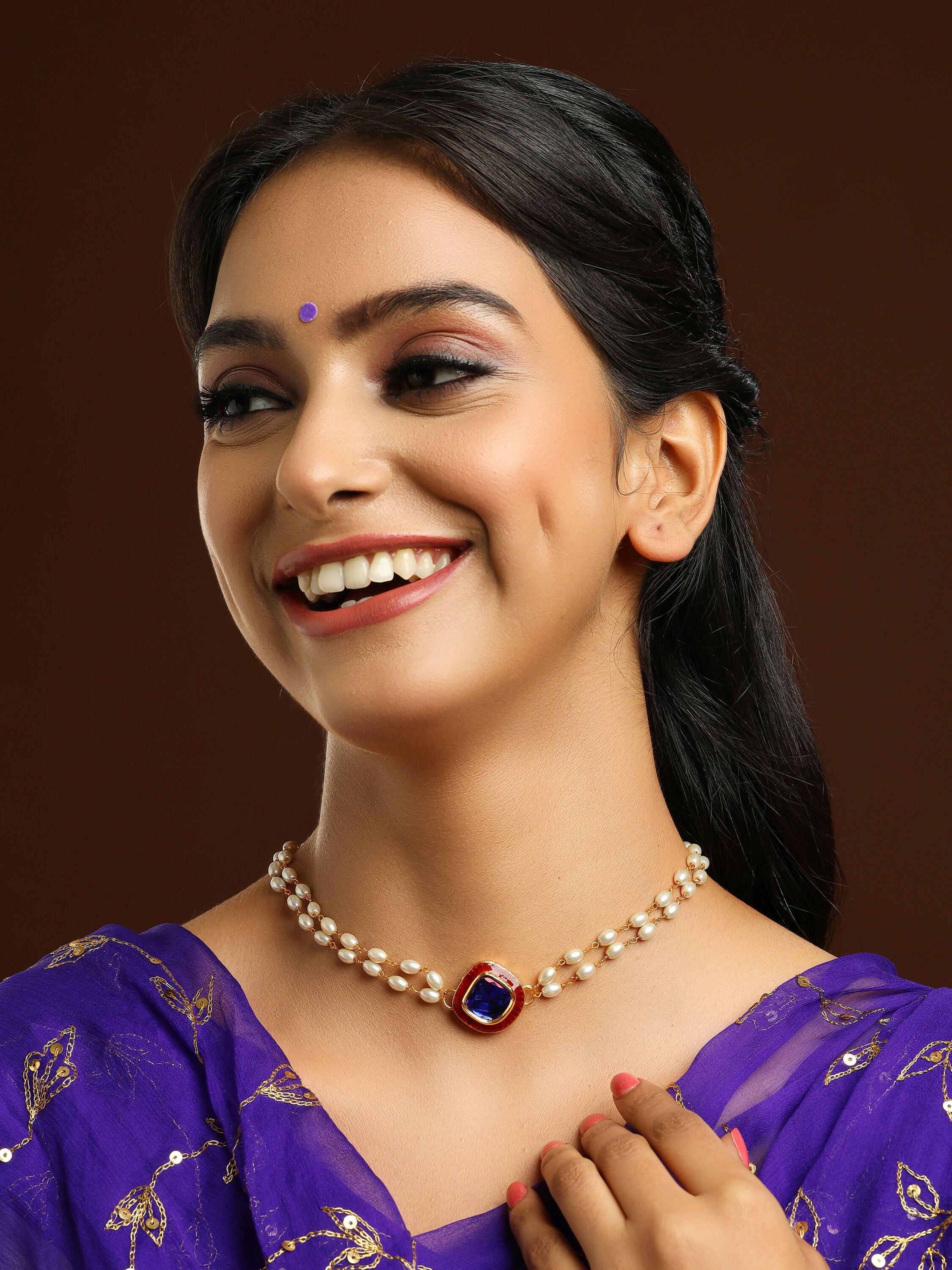 Ruby Raang Blue Meenakari & Pearl Choker
