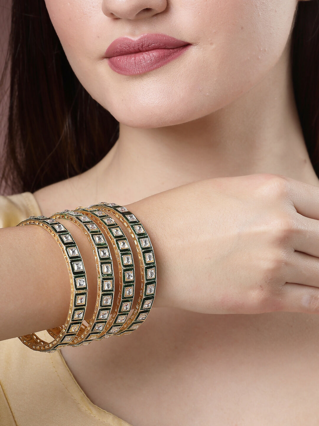 NVR Women's Set Of 4 Gold-Plated Green Kundan-Studded Traditional Bangles - Distacart