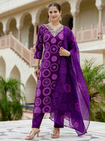 Thumbnail for The52 Purple Women's Gorgeous Rayon Embroidered Straight Kurta with Pant And Dupatta Set - Distacart