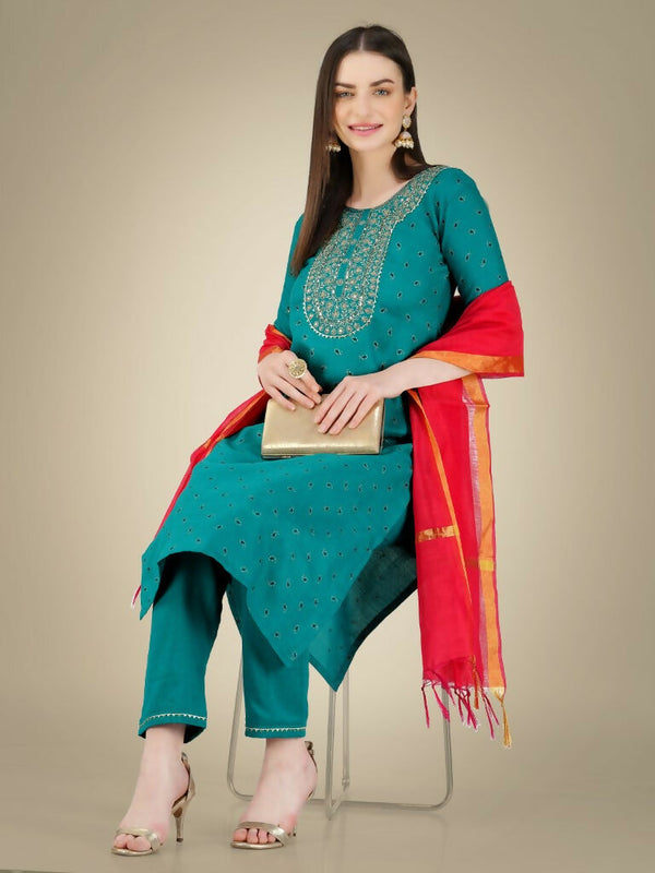 Jyoti Fashion Women's Rama Cotton Magic Slub Embroidery & Sequence work Kurta with Trouser & Dupatta - Distacart
