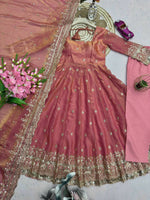 Thumbnail for Teeya Creation Peach Fendi Silk Designer Heavy Work Wedding Wear Long Gown - Distacart