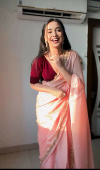 Thumbnail for Malishka Jimuchi Silk Golden Boarder Ready To Wear Saree With Blouse Piece - Peach - Distacart