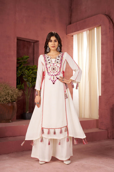Joban Fashion white Palazzo Rayon Coding Dori with Sequence with Rivet Moti