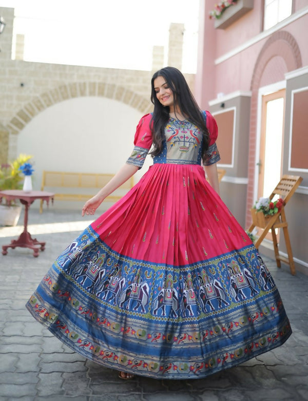 Jyoti Fashion Women's Rani Pink Patola with Foil Print Dola Silk Anarkali Dress - Distacart