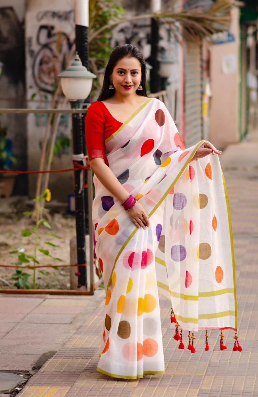 White Pure Linen Ethnic Motifs Saree with Unstitched Blouse - A2M - Distacart