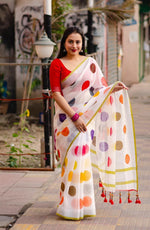 Thumbnail for White Pure Linen Ethnic Motifs Saree with Unstitched Blouse - A2M