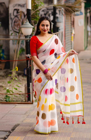 White Pure Linen Ethnic Motifs Saree with Unstitched Blouse - A2M - Distacart