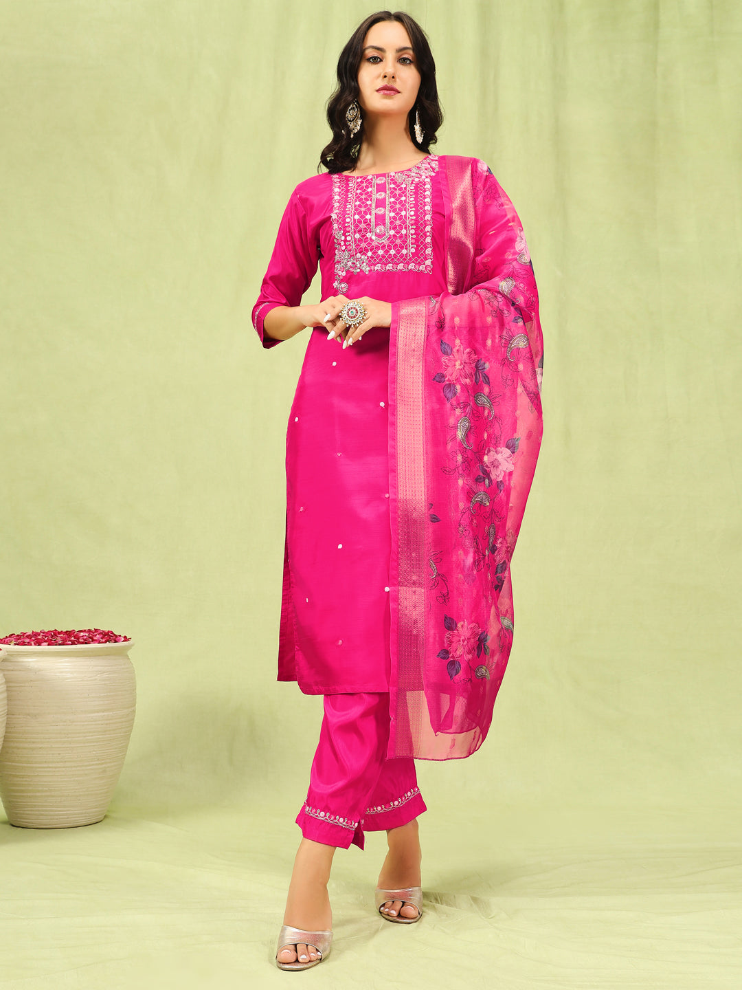 Vredevogel Chhaya Women Kurta And Trousers Pant Set Silk Blend-Rani