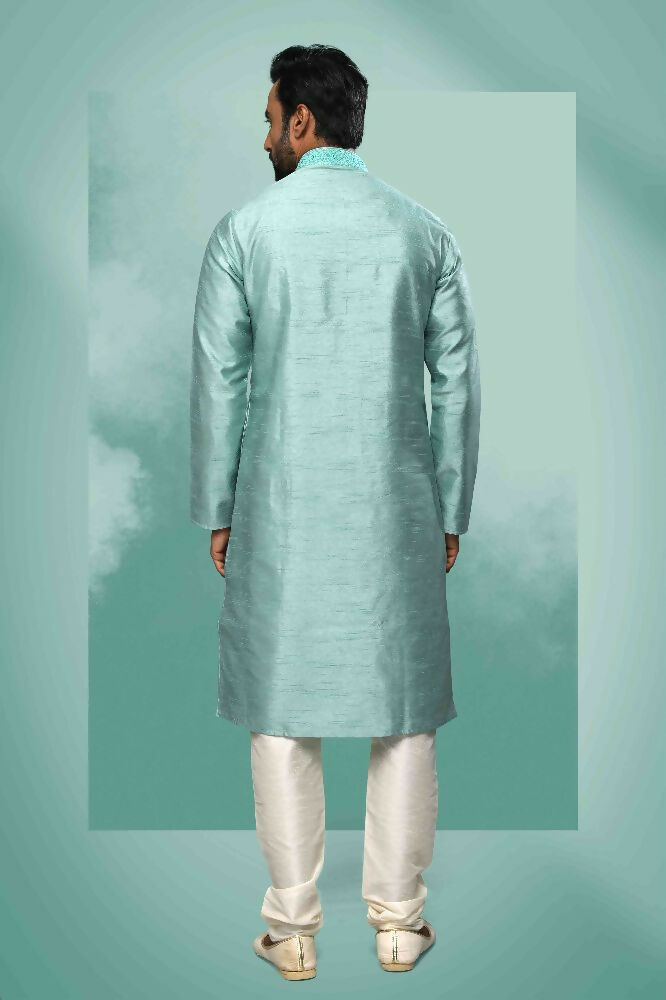 Raivat Ethnic Art Silk Mirror Embroidery Work Kurta Pajama In Sea Green Colour - Dista