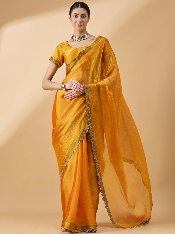Mustard Organza Swaroski Diamond Work Saree with Unstitched Blouse - Radha - Distacart