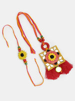 Thumbnail for NVR Women & Men Set of 2 Red & Yellow Mirror Work Handcrafted Bhaiya Bhabi Rakhi With Roli Chawal & Chocolate - Distacart