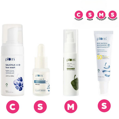 Plum Bright & Clear Skin Routine CSMS (Cleanser, Serum, Moisturizer, Sunscreen) Combo - Distacart