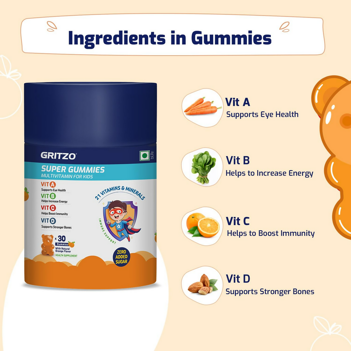 Gritzo Super Gummies, Multivitamin for Kids (Natural Orange Flavour) - Distacart
