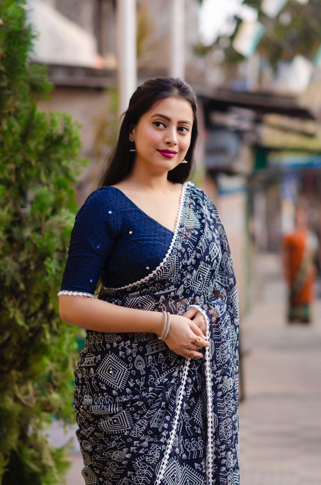 Blue Poly Georgette Ethnic Motifs Saree with Unstitched Blouse - A2M