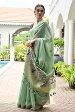 Thumbnail for Vishnu Weaves Women's Sea-Green Muga Cotton Thread Weaving Saree with Blouse