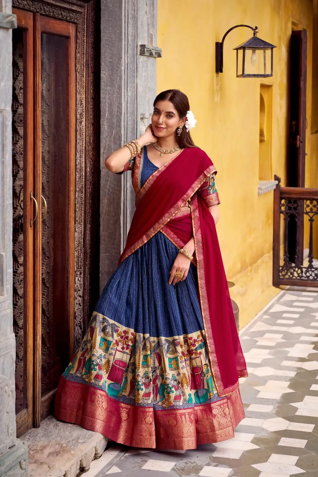 Looknbook Art Poly Chanderi Kalamkari Printed Lehenga Choli with Georgette Dupatta-Navy Blue