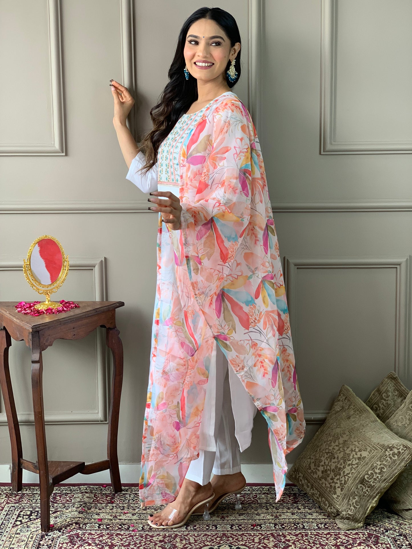 Teeya Creation White Colour Viscose Chanderi Silk Embroidery Work Fully Stitched Kurti Set - Distacart