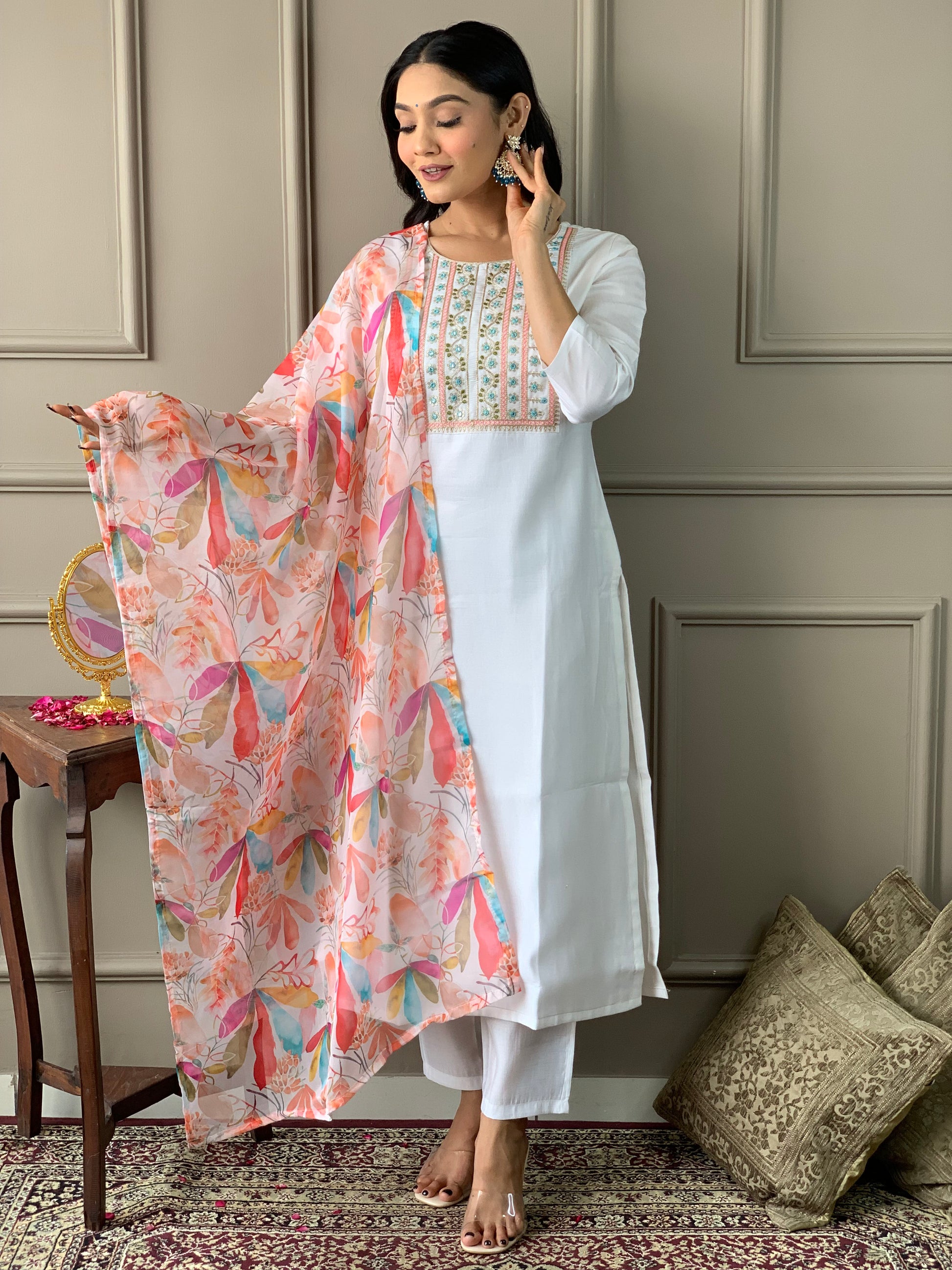 Teeya Creation White Colour Viscose Chanderi Silk Embroidery Work Fully Stitched Kurti Set - Distacart