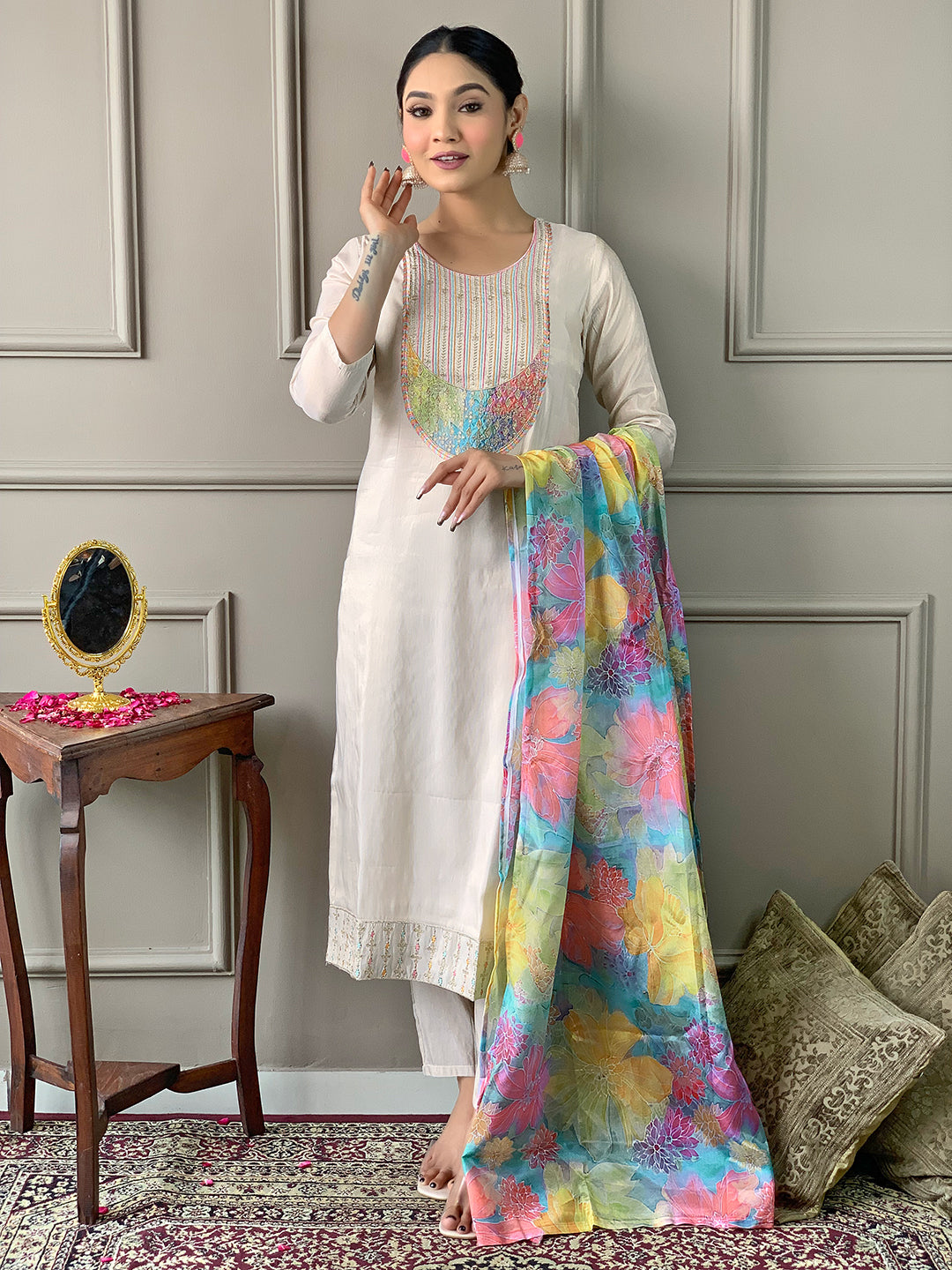 Teeya Creation Chiku Colour Viscose Simar Embroidery Work Fully Stitched Kurti Set - Distacart