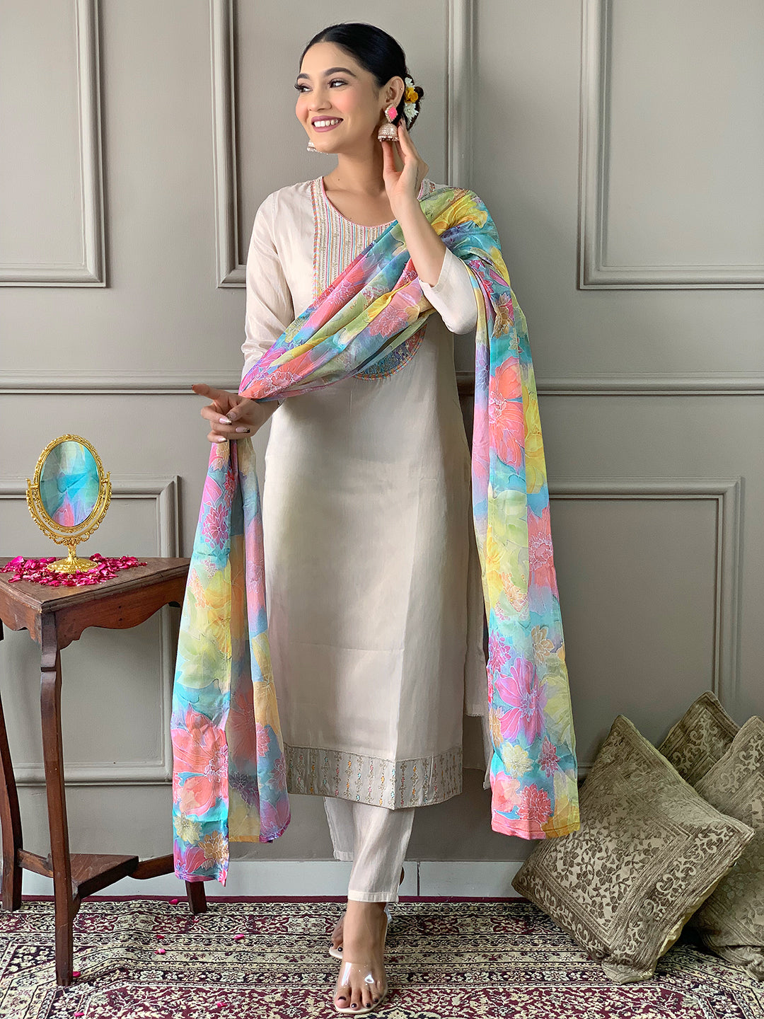 Teeya Creation Chiku Colour Viscose Simar Embroidery Work Fully Stitched Kurti Set - Distacart