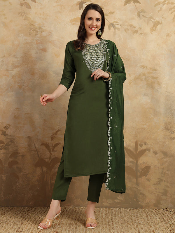 Teeya Creation Green Colour Viscose Chanderi Embroidery Work Fully Stitched Kurti Set - Distacart