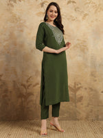 Thumbnail for Teeya Creation Green Colour Viscose Chanderi Embroidery Work Fully Stitched Kurti Set - Distacart