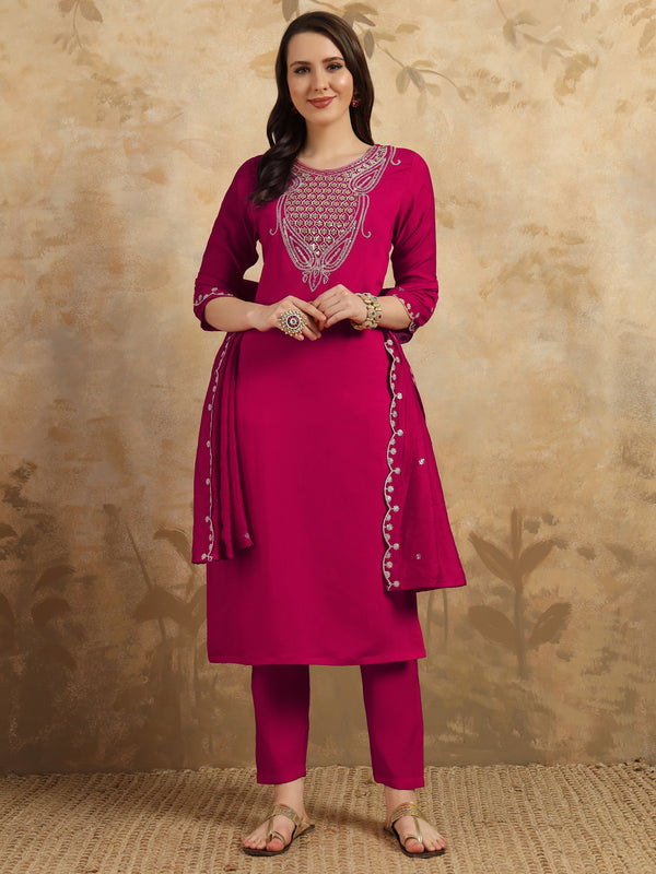 Teeya Creation Rani Colour Viscose Chanderi Embroidery Work Fully Stitched Kurti Set - Distacart