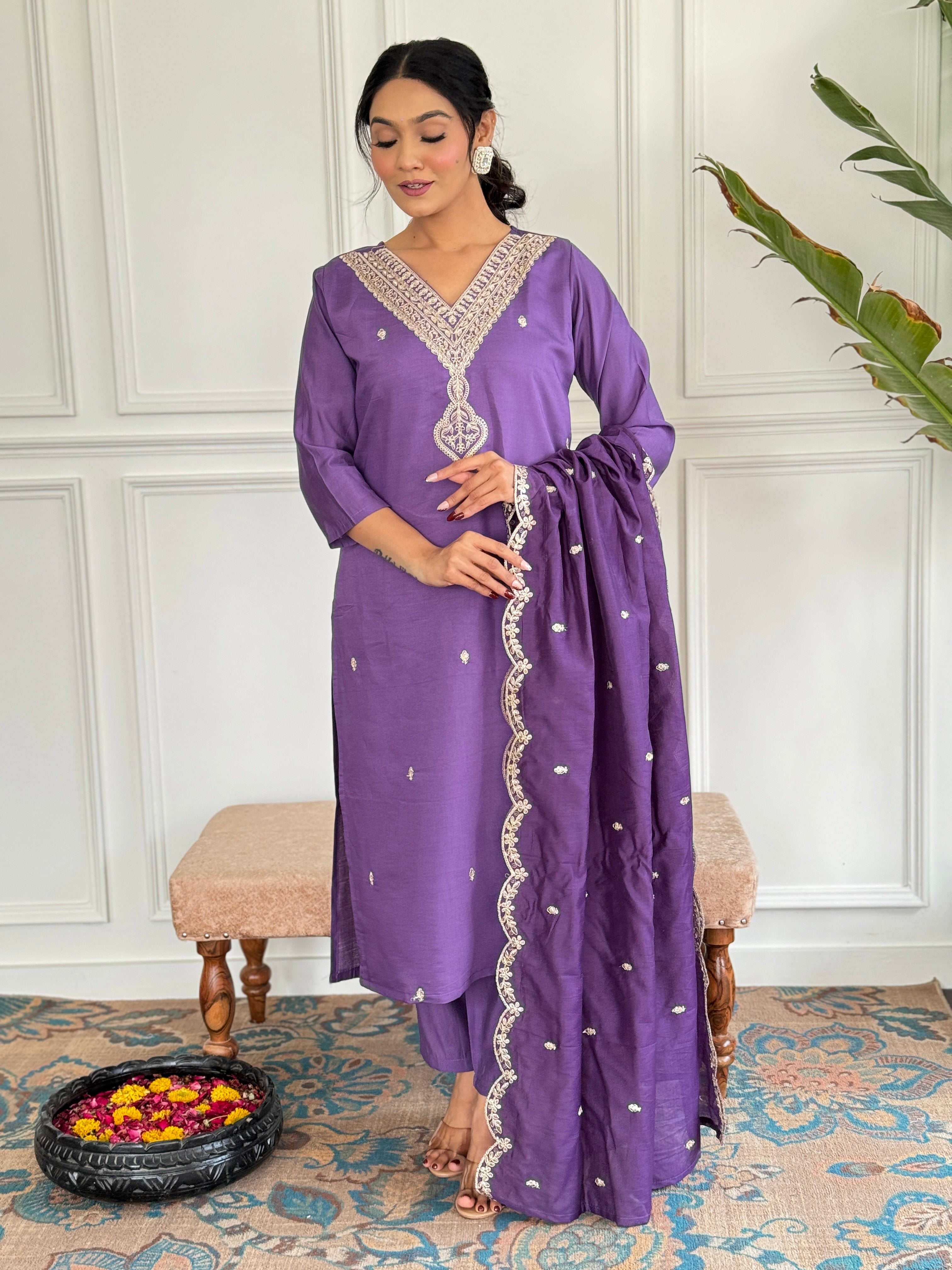 Teeya Creation Purple Colour Viscose Chanderi Embroidery Work Fully Stitched Kurti Set - Distacart