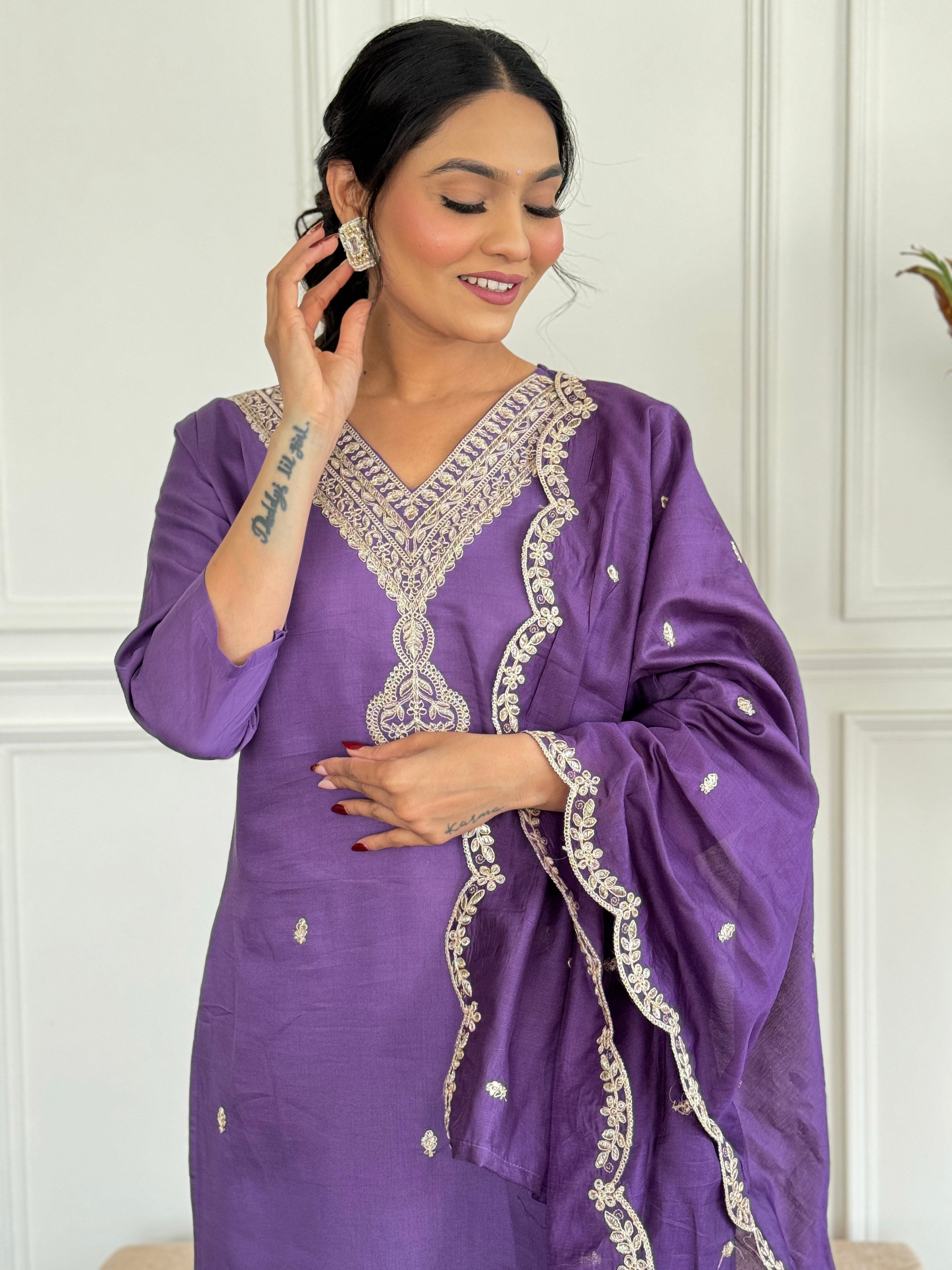 Teeya Creation Purple Colour Viscose Chanderi Embroidery Work Fully Stitched Kurti Set - Distacart