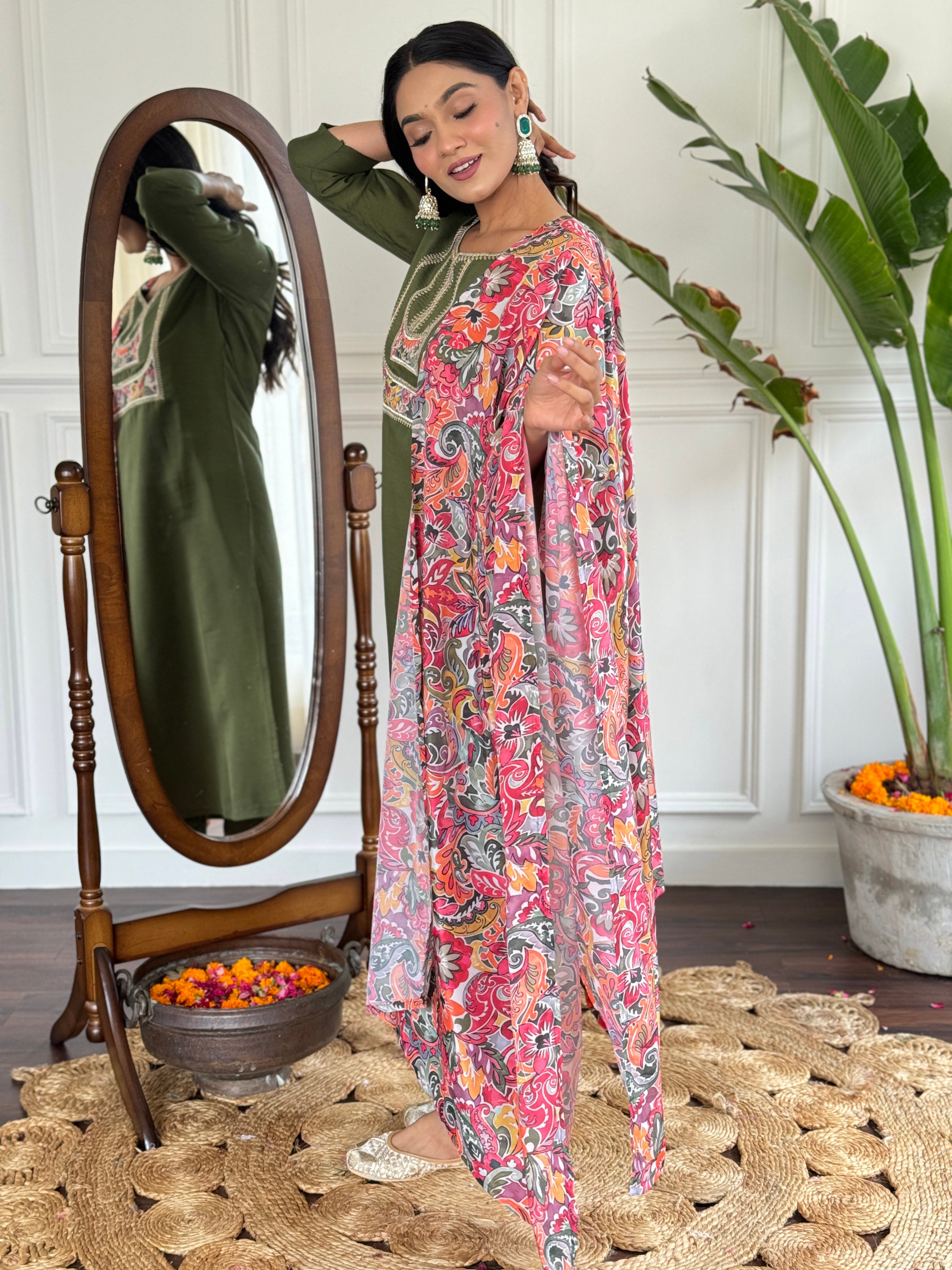 Teeya Creation Green Colour Viscose Chanderi Embroidery Work Fully Stitched Kurti Set - Distacart